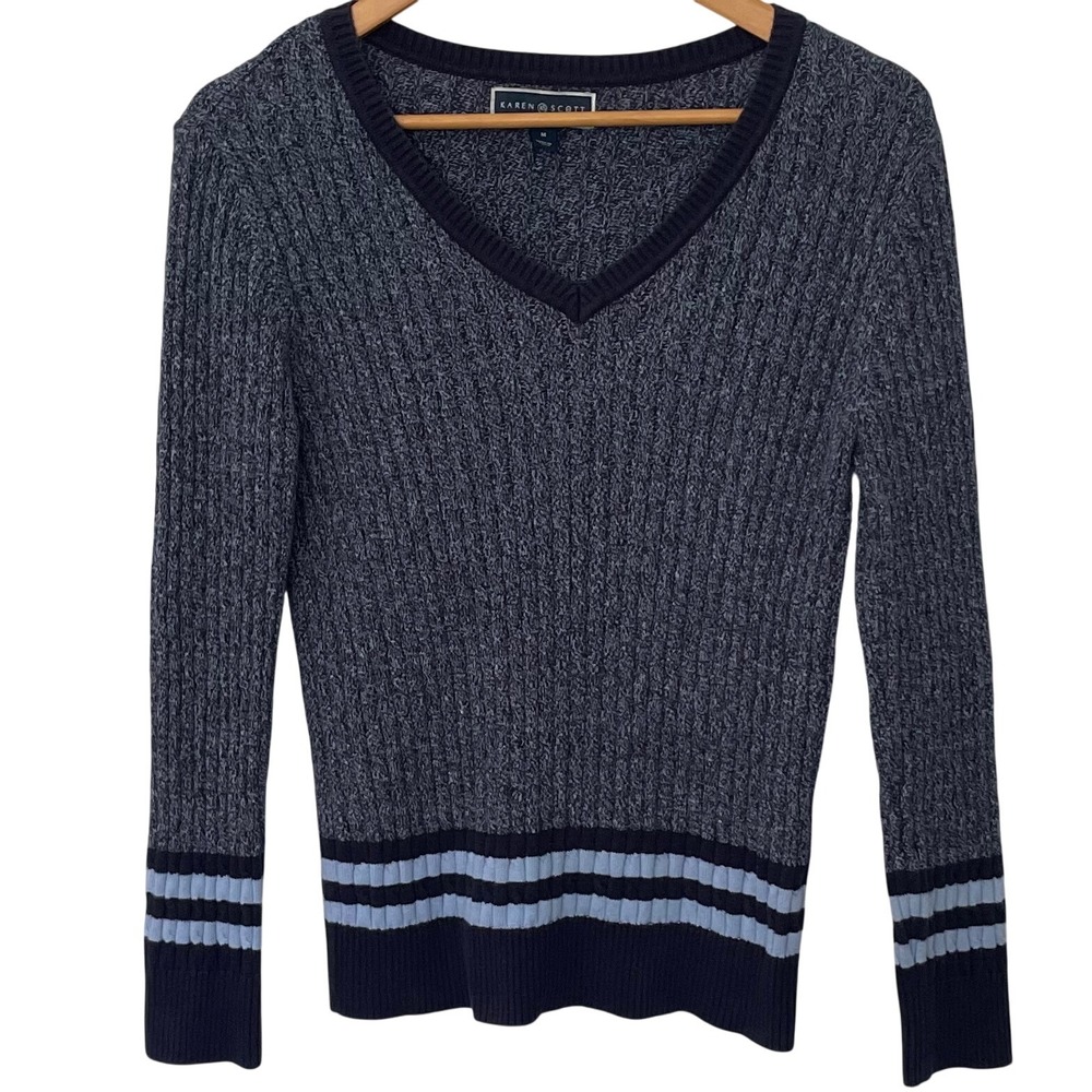 Karen Scott V-Neck Striped Cuff Sweater Blue Ribbed Knit Cotton Blend Top Size M - Picture 2 of 8